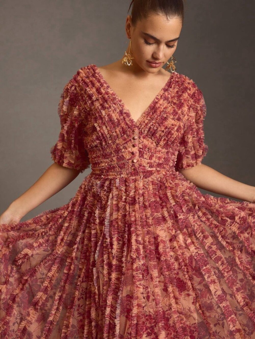 MAC DUGGAL Size 6 Orange Rose Floral 8013 V-Neck Ruffles Maxi Gown Dress NWT - Picture 4 of 15